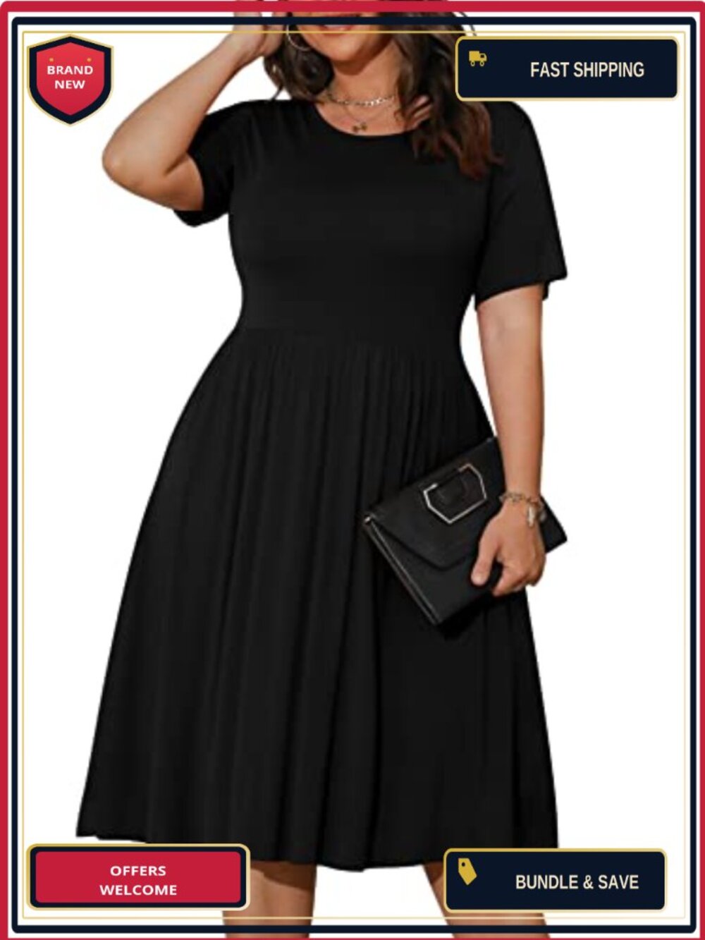 Plus Size Loose Fit Empire Waist Swing Dress with Pockets